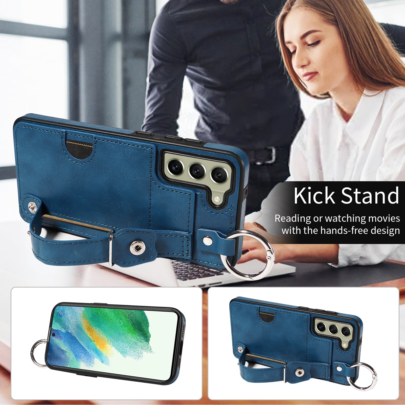 008 For Samsung Galaxy S21 FE 5G Case Anti-Scratch Leather TPU Phone Cover with Kickstand - Blue
