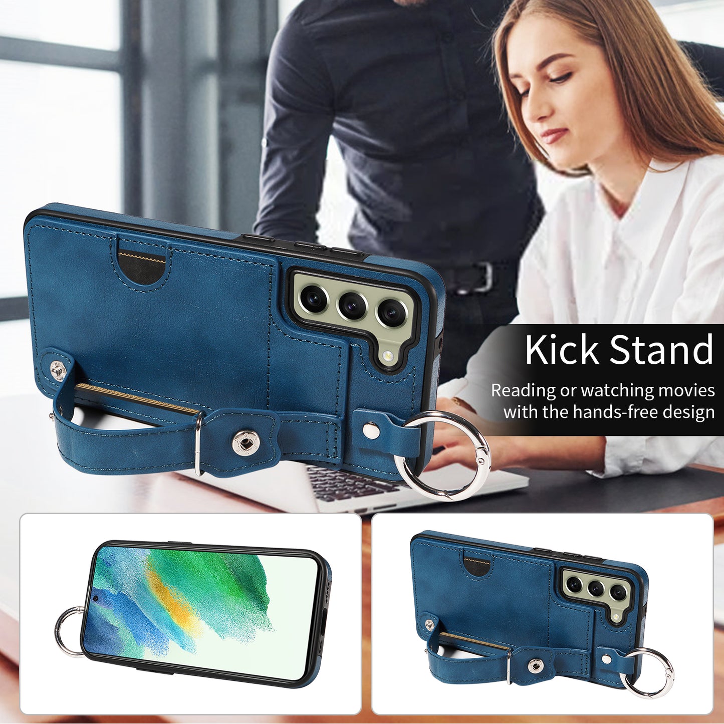008 For Samsung Galaxy S21 FE 5G Case Anti-Scratch Leather TPU Phone Cover with Kickstand - Blue