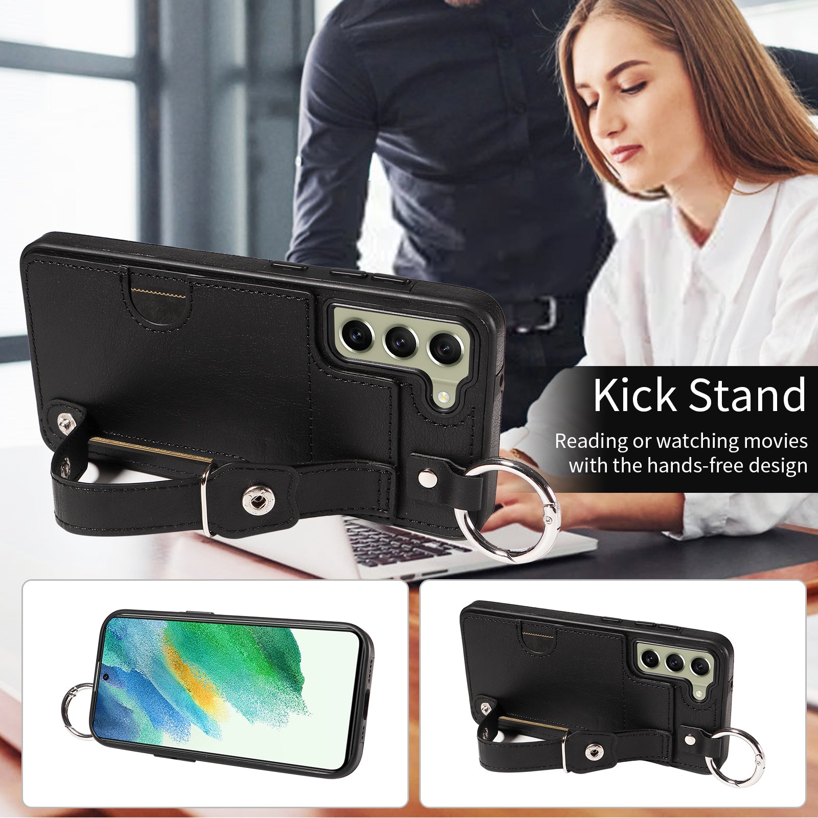 008 For Samsung Galaxy S21 FE 5G Case Anti-Scratch Leather TPU Phone Cover with Kickstand - Black