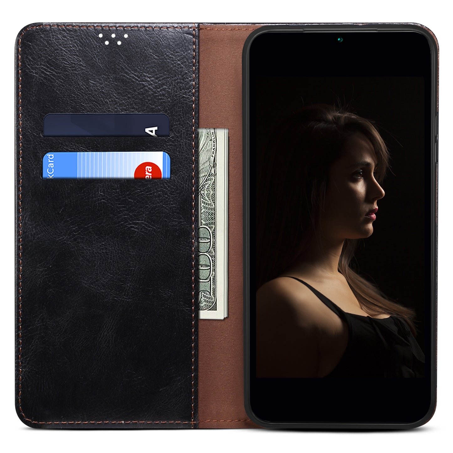 For Samsung Galaxy M55 5G Case Waxy Crazy Horse Texture Phone Cover with Magnetic Clasp - Black