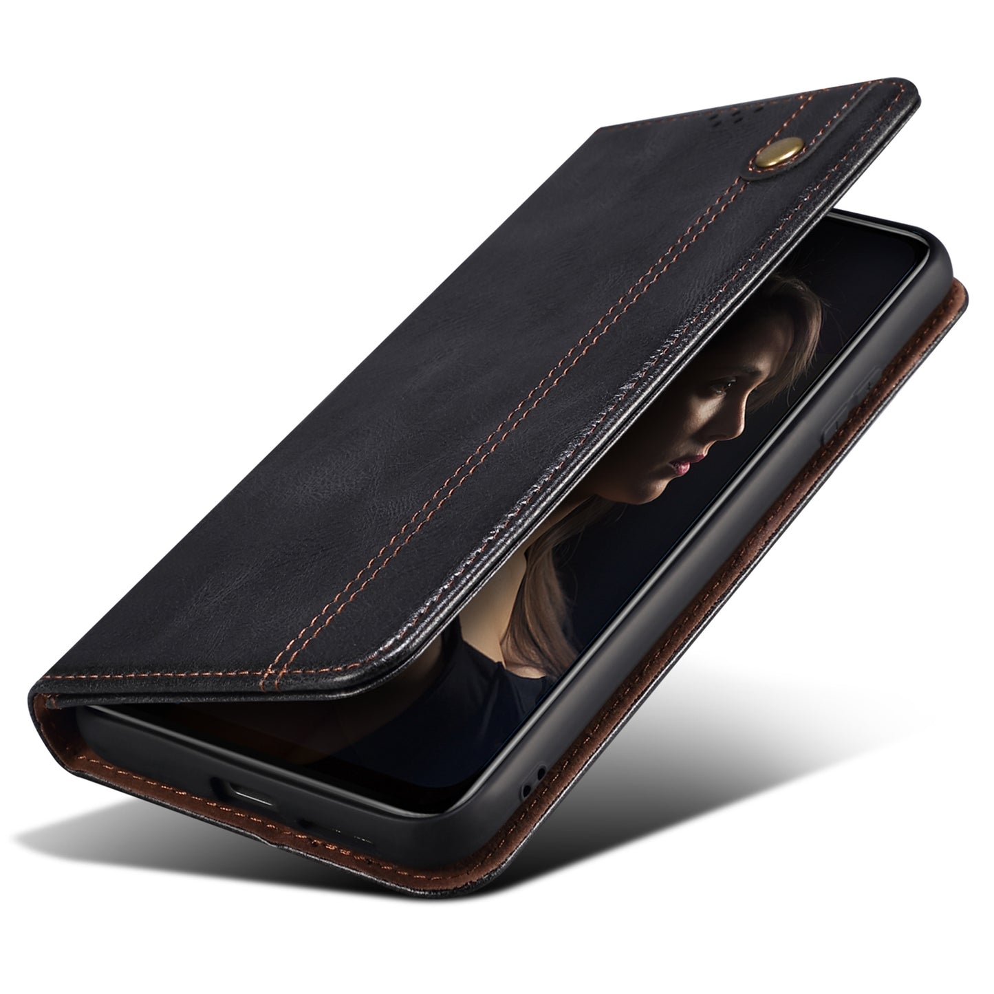 For Samsung Galaxy M55 5G Case Waxy Crazy Horse Texture Phone Cover with Magnetic Clasp - Black