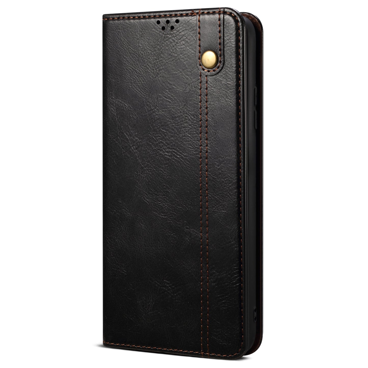 For Samsung Galaxy M55 5G Case Waxy Crazy Horse Texture Phone Cover with Magnetic Clasp - Black