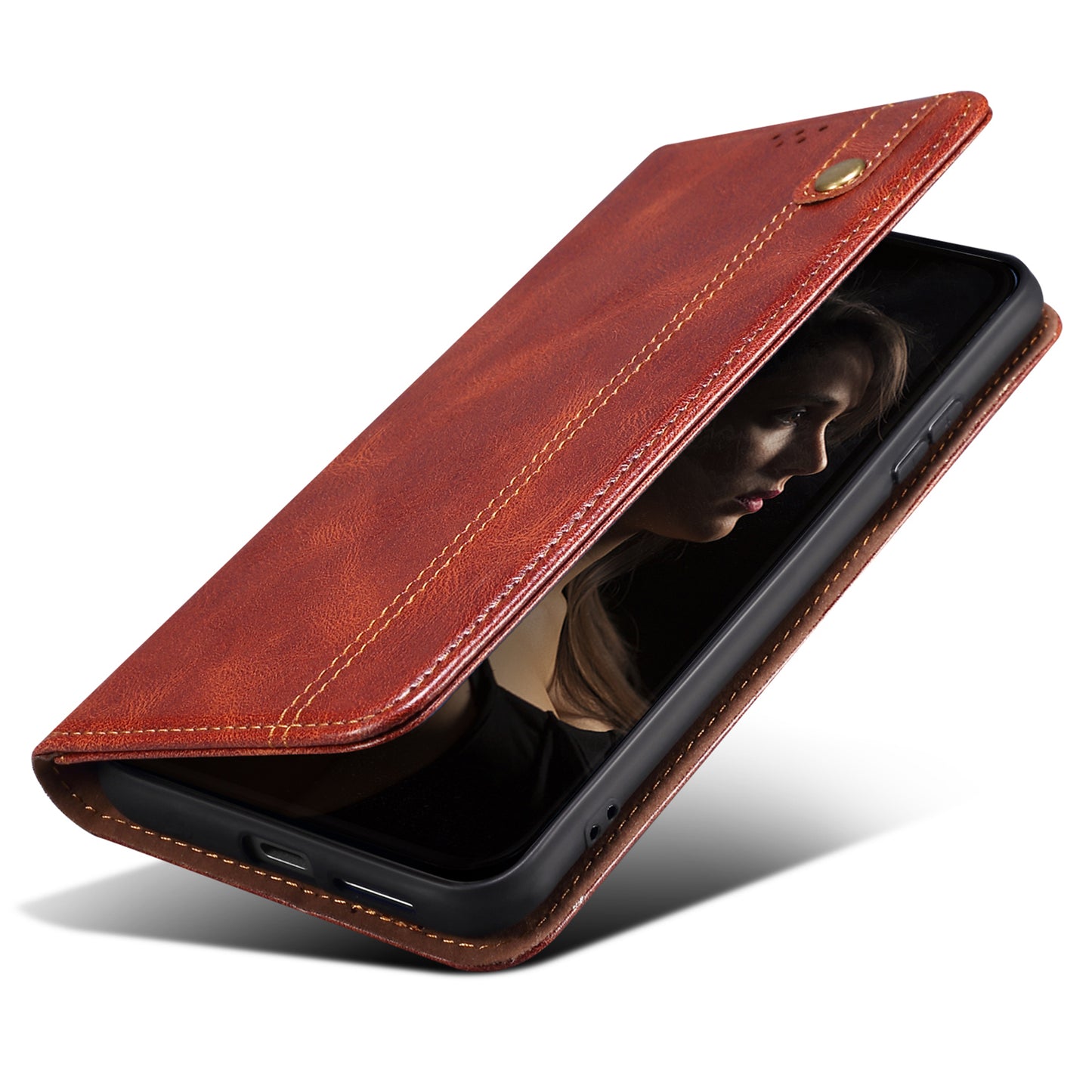 For Samsung Galaxy M55 5G Case Waxy Crazy Horse Texture Phone Cover with Magnetic Clasp - Brown
