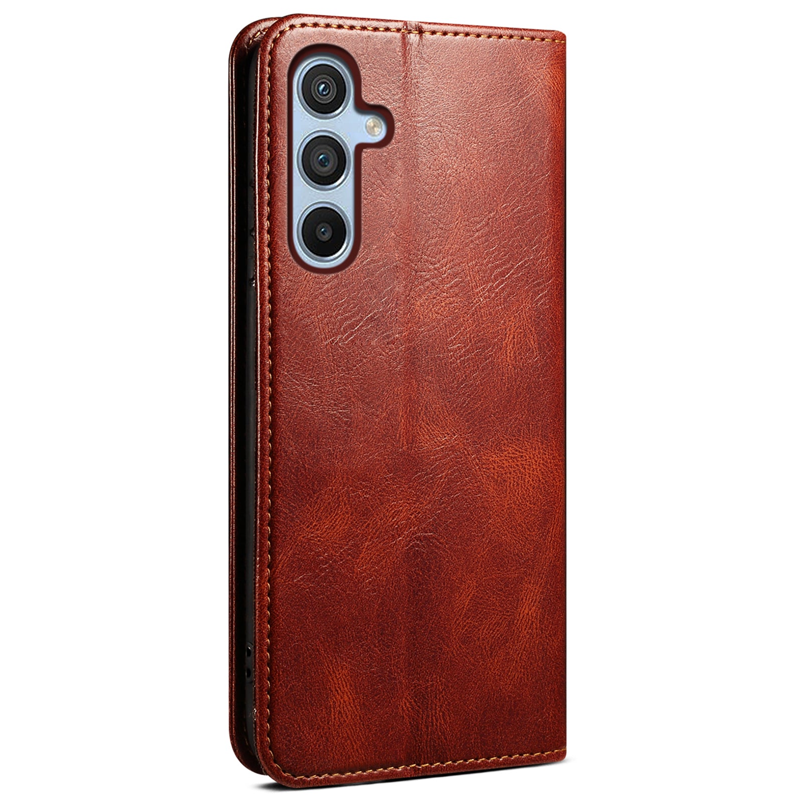 For Samsung Galaxy M55 5G Case Waxy Crazy Horse Texture Phone Cover with Magnetic Clasp - Brown