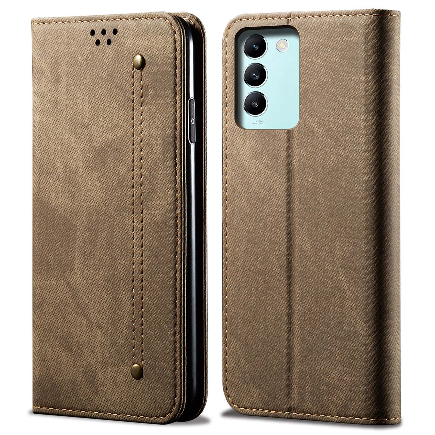 For vivo Y100 5G (Indonesia) / Y200e 5G / V30 Lite 5G (India) / V40 SE 5G / T3 5G Case Wallet Leather Phone Cover - Khaki