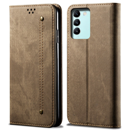 For vivo Y100 5G (Indonesia) / Y200e 5G / V30 Lite 5G (India) / V40 SE 5G / T3 5G Case Wallet Leather Phone Cover - Khaki