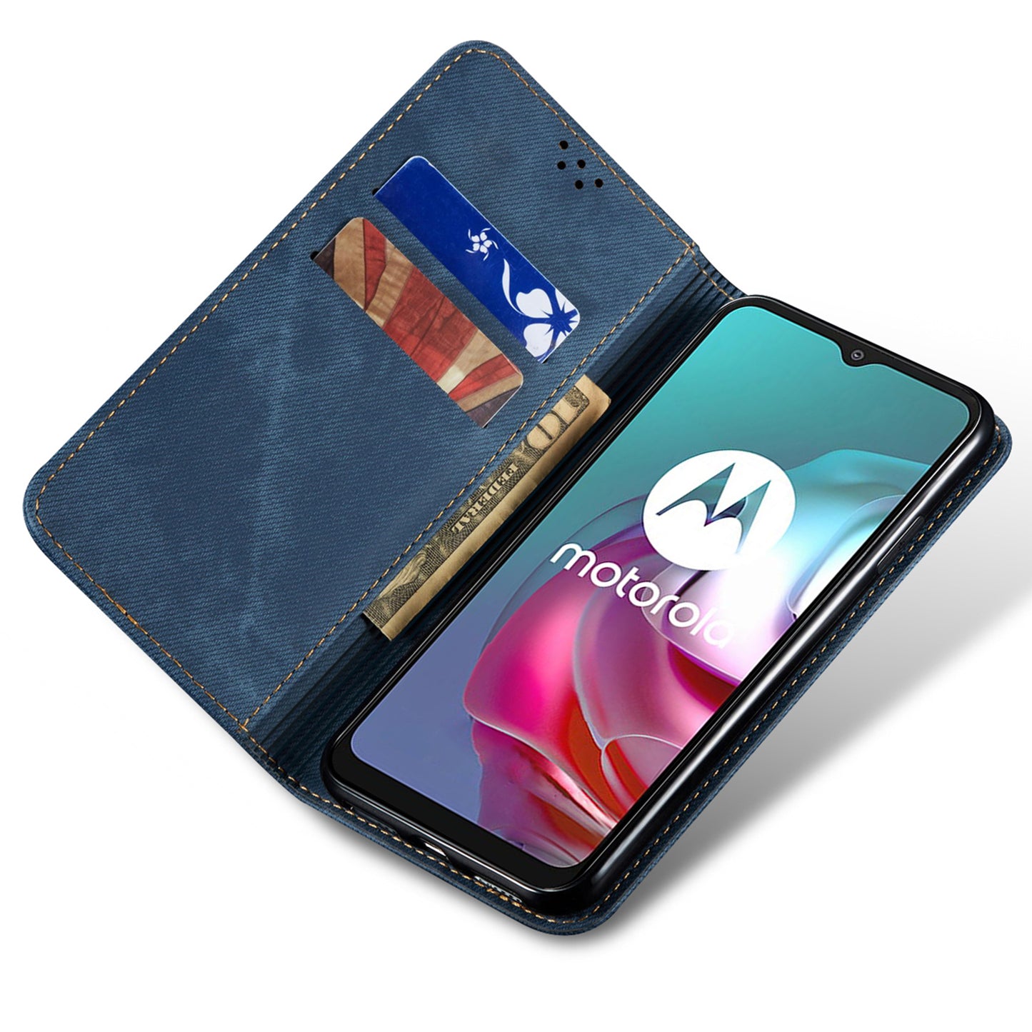For Motorola Moto G24 Power Wallet Case Stand Denim Texture Leather Phone Cover - Blue
