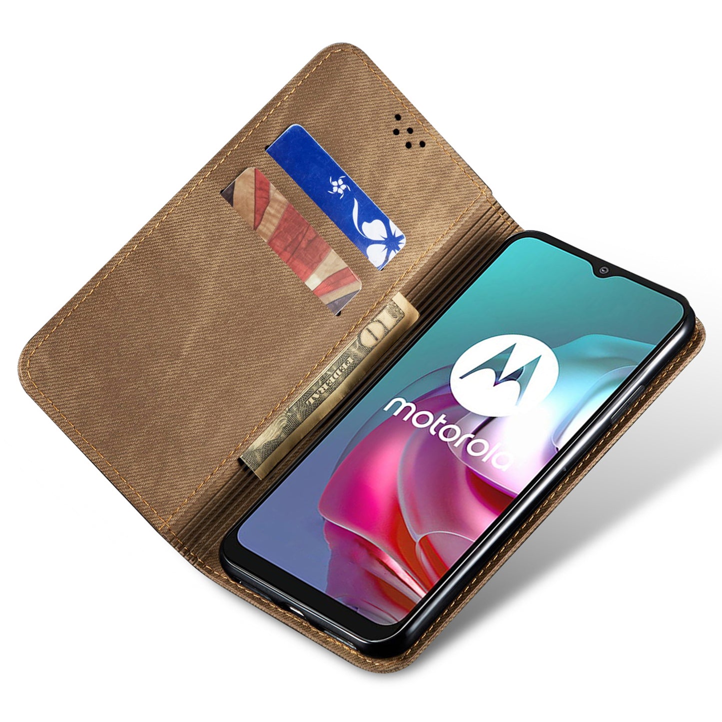 For Motorola Moto G24 Power Wallet Case Stand Denim Texture Leather Phone Cover - Khaki