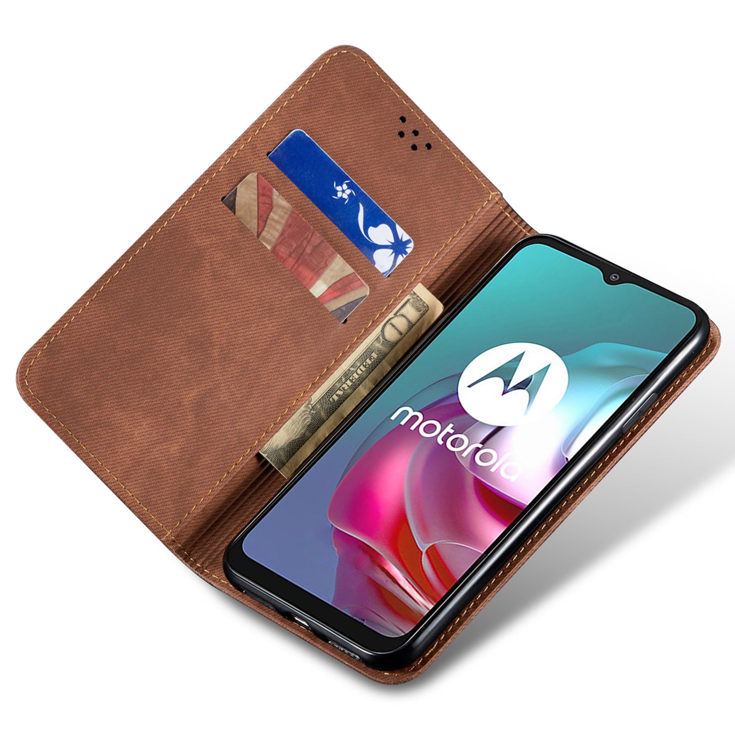 For Motorola Moto G24 Power Wallet Case Stand Denim Texture Leather Phone Cover - Coffee
