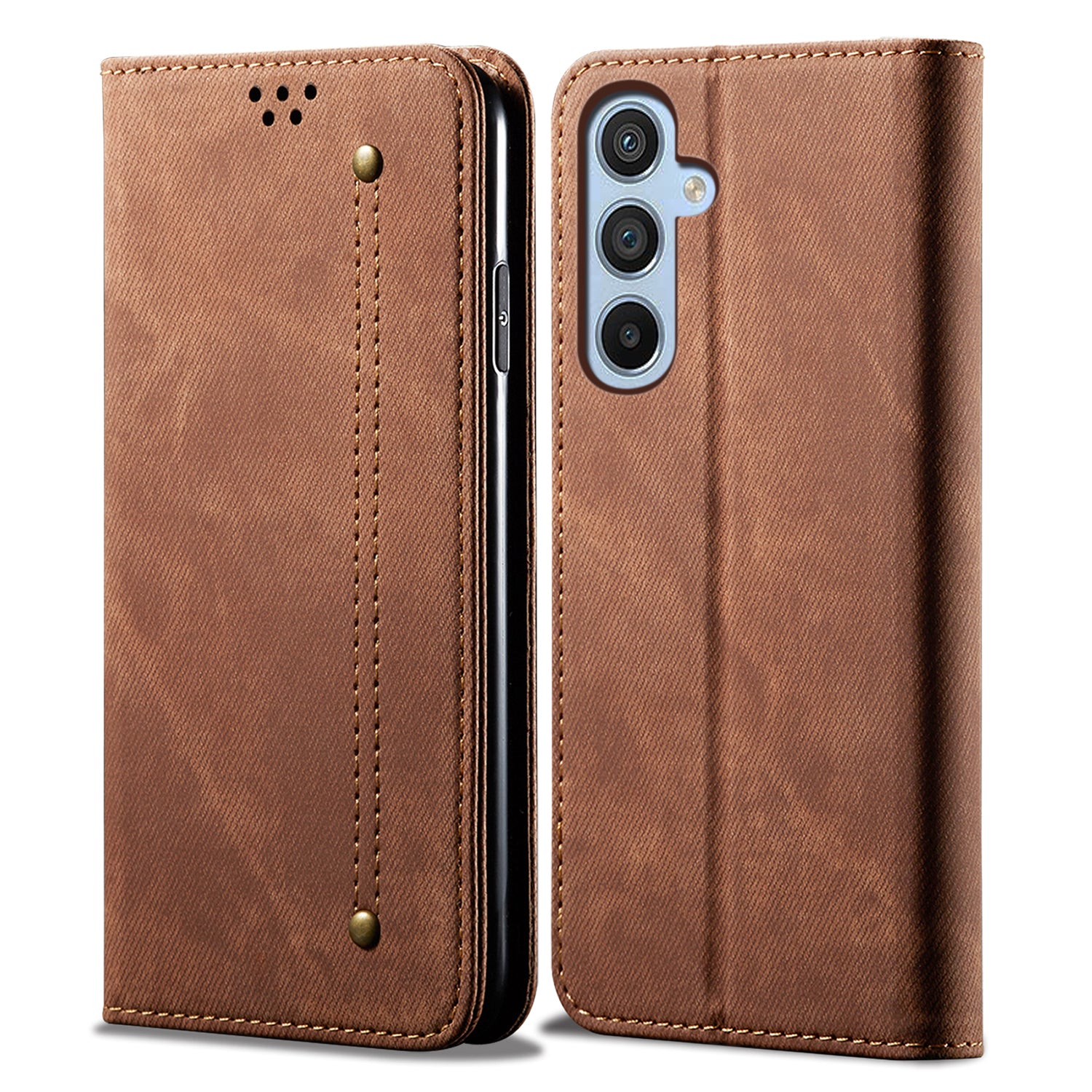 For Samsung Galaxy M15 5G / F15 5G Case Jeans Cloth Texture Leather Wallet Phone Cover - Coffee