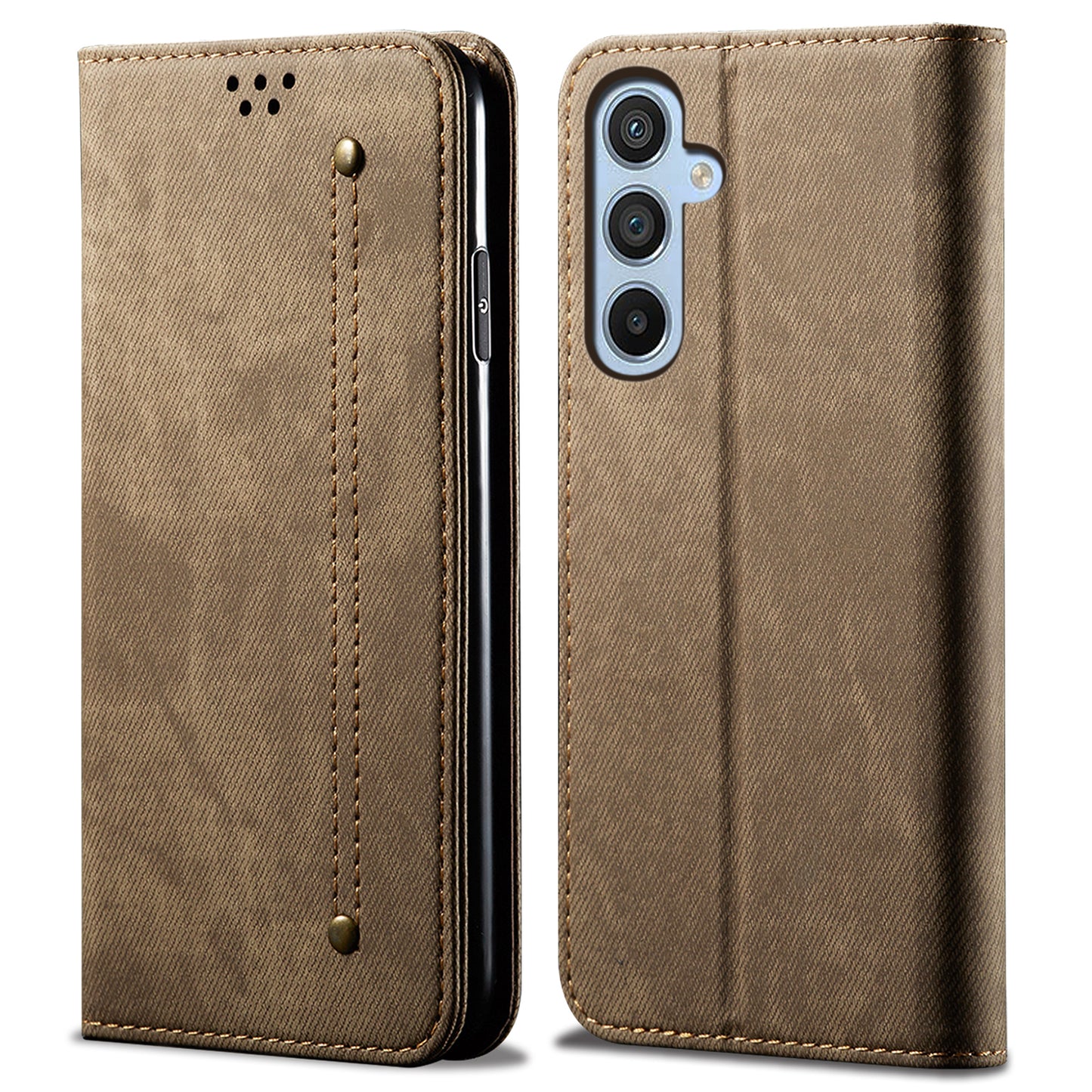 For Samsung Galaxy M15 5G / F15 5G Case Jeans Cloth Texture Leather Wallet Phone Cover - Khaki