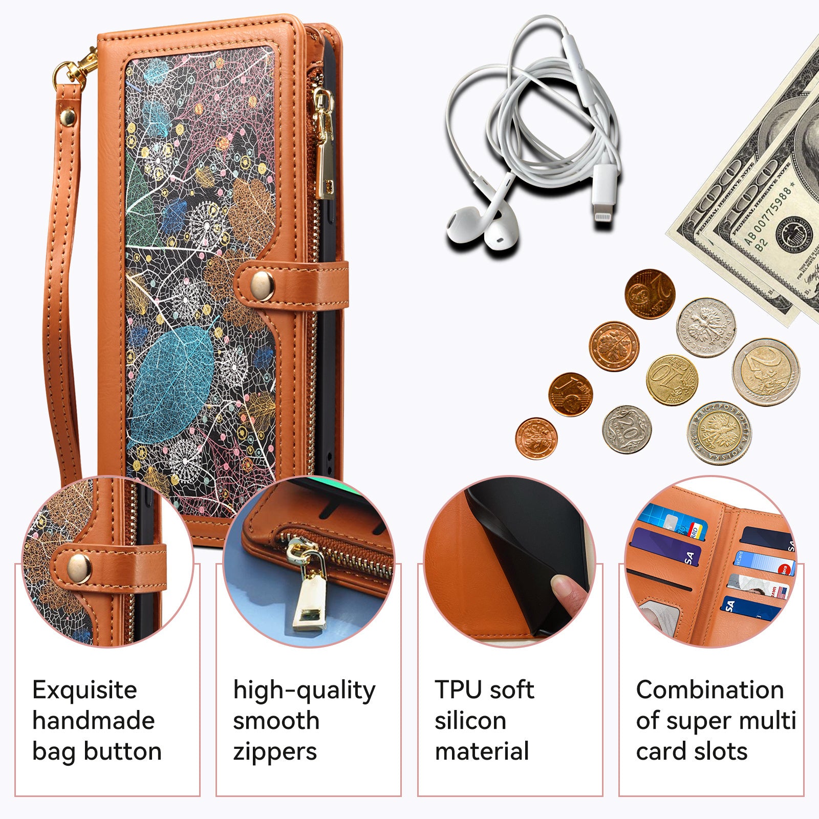 ESEBLE Galaxy Series For Samsung Galaxy M15 5G / F15 5G Case RFID Blocking Wallet Cover with Wrist Strap - Brown