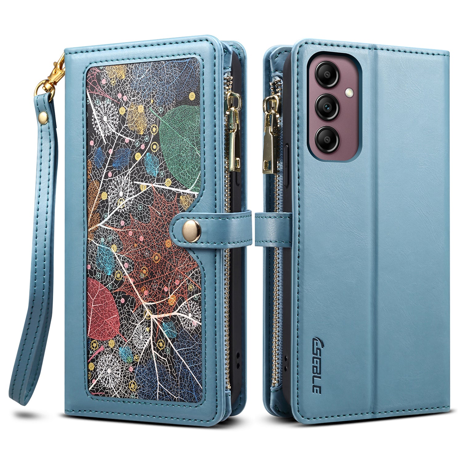ESEBLE Galaxy Series For Samsung Galaxy M15 5G / F15 5G Case RFID Blocking Wallet Cover with Wrist Strap - Blue