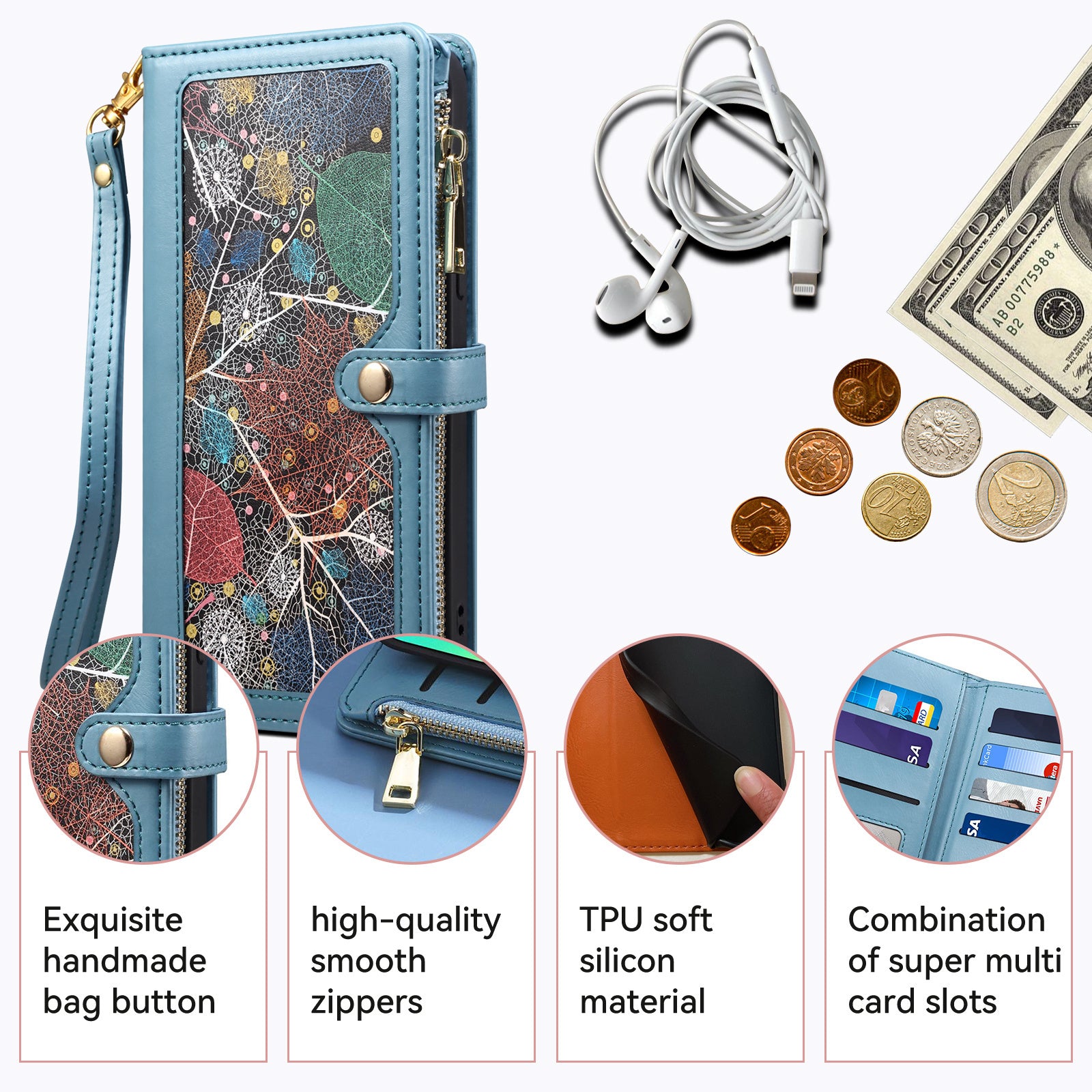 ESEBLE Galaxy Series For Samsung Galaxy M15 5G / F15 5G Case RFID Blocking Wallet Cover with Wrist Strap - Blue