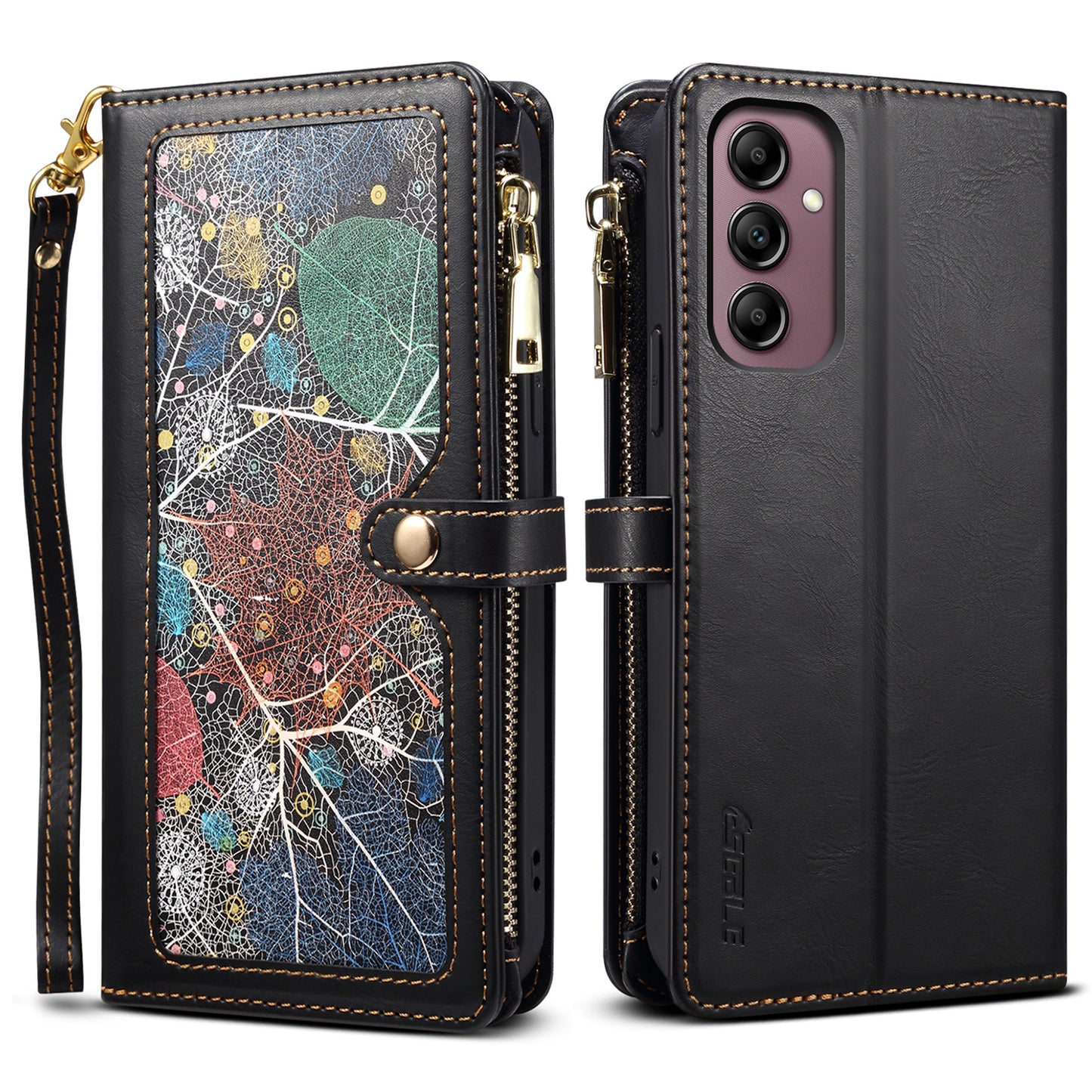 ESEBLE Galaxy Series For Samsung Galaxy M15 5G / F15 5G Case RFID Blocking Wallet Cover with Wrist Strap - Black