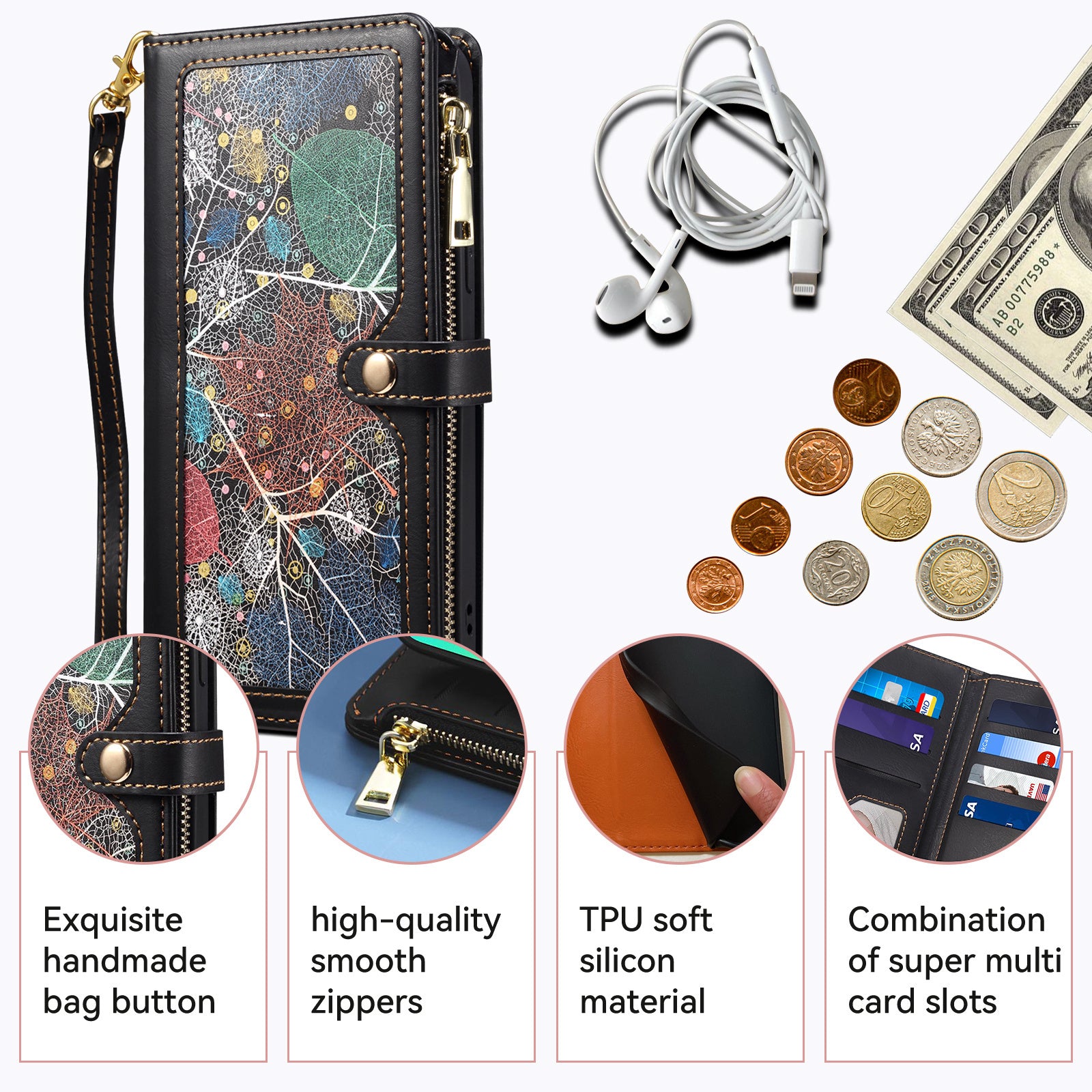 ESEBLE Galaxy Series For Samsung Galaxy M55 5G Case Leather Folio Wallet RFID Blocking Phone Cover - Black