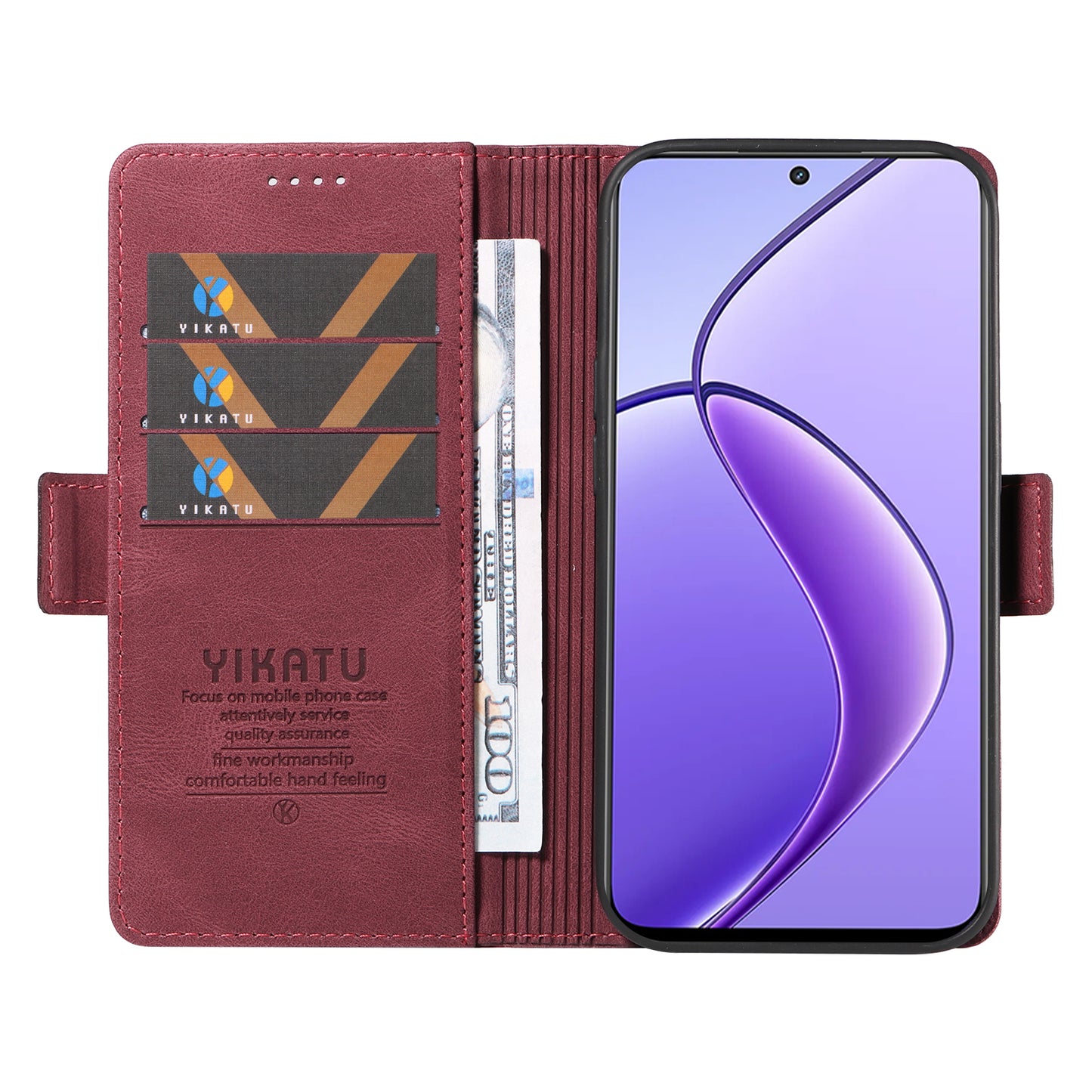 YIKATU YK-005 For Realme 12 Case PU Leather Skin-touch Wallet Flip Phone Cover - Wine Red