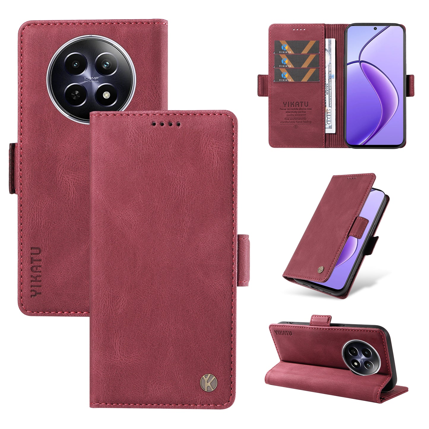 YIKATU YK-005 For Realme 12 Case PU Leather Skin-touch Wallet Flip Phone Cover - Wine Red