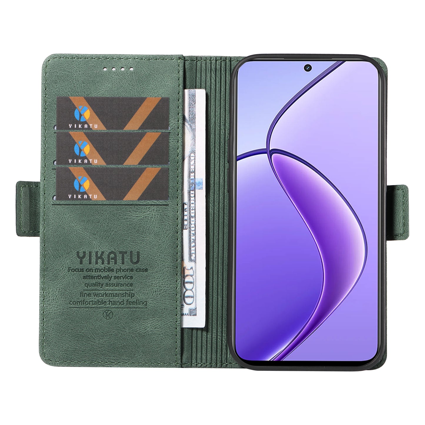 YIKATU YK-005 For Realme 12 Case PU Leather Skin-touch Wallet Flip Phone Cover - Green