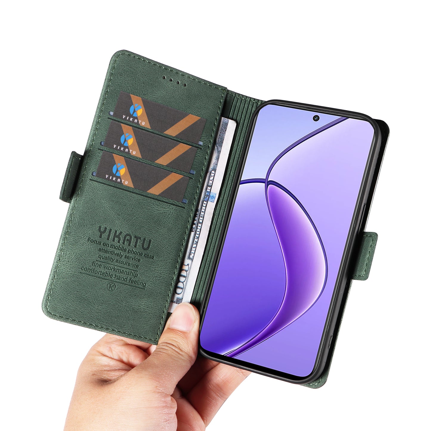 YIKATU YK-005 For Realme 12 Case PU Leather Skin-touch Wallet Flip Phone Cover - Green