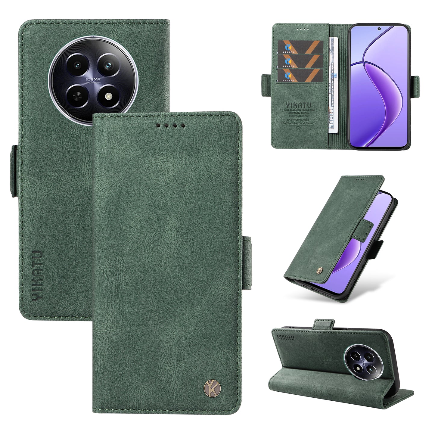 YIKATU YK-005 For Realme 12 Case PU Leather Skin-touch Wallet Flip Phone Cover - Green