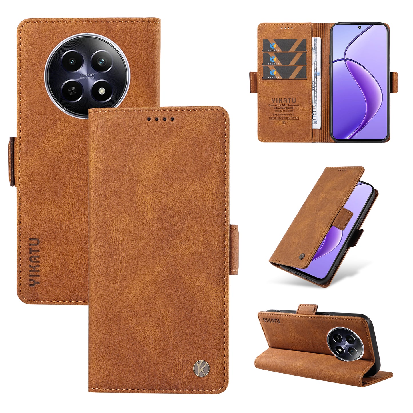 YIKATU YK-005 For Realme 12 Case PU Leather Skin-touch Wallet Flip Phone Cover - Brown