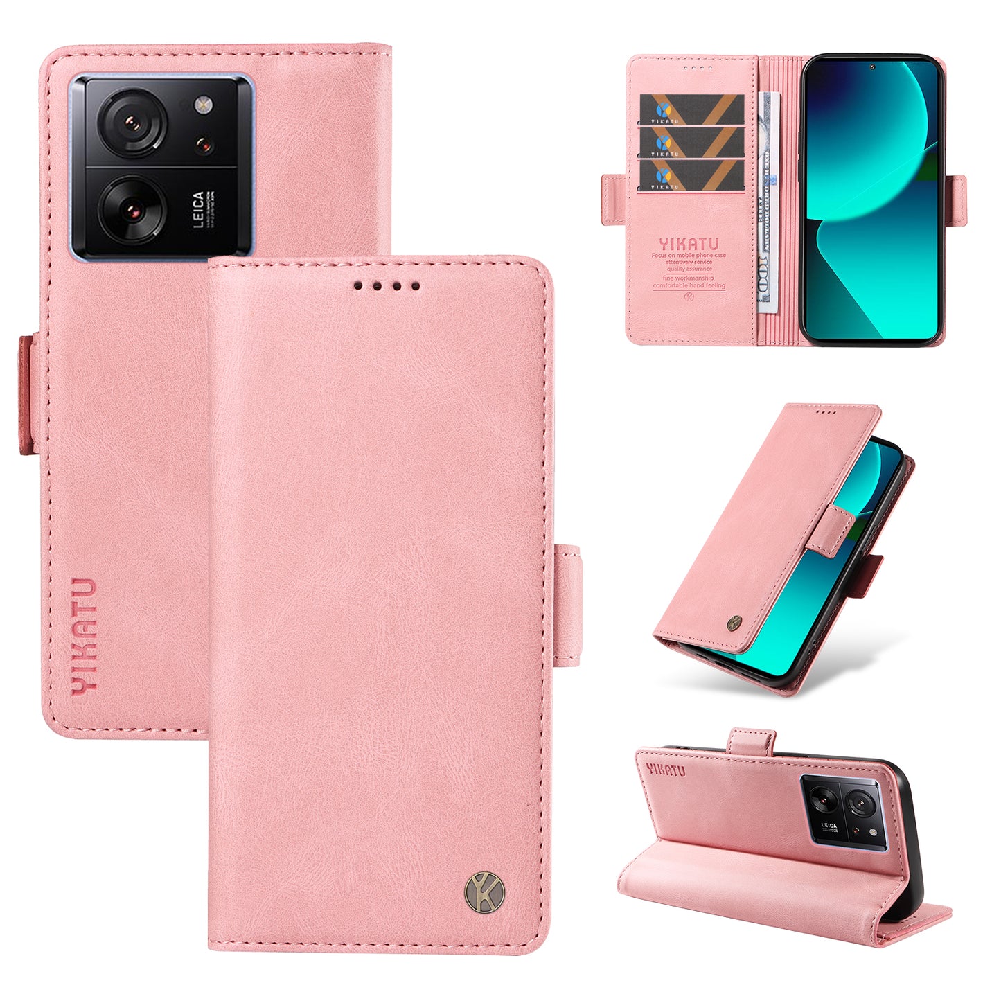 YIKATU YK-005 For Xiaomi 13T / 13T Pro / Redmi K60 Ultra Leather Phone Case Flip Stand Wallet Cover - Pink