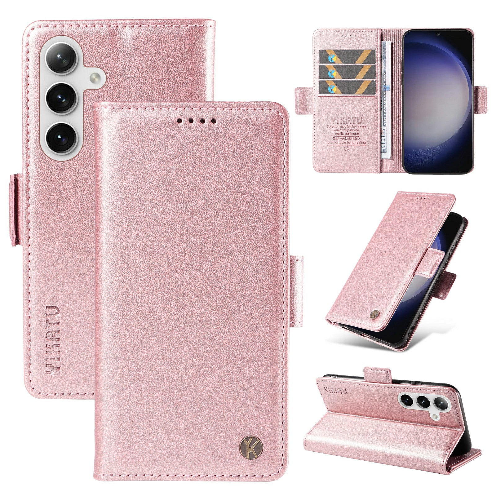 YIKATU YK-003 For Samsung Galaxy S24 Case PU Leather Folio Wallet Phone Cover - Rose Gold