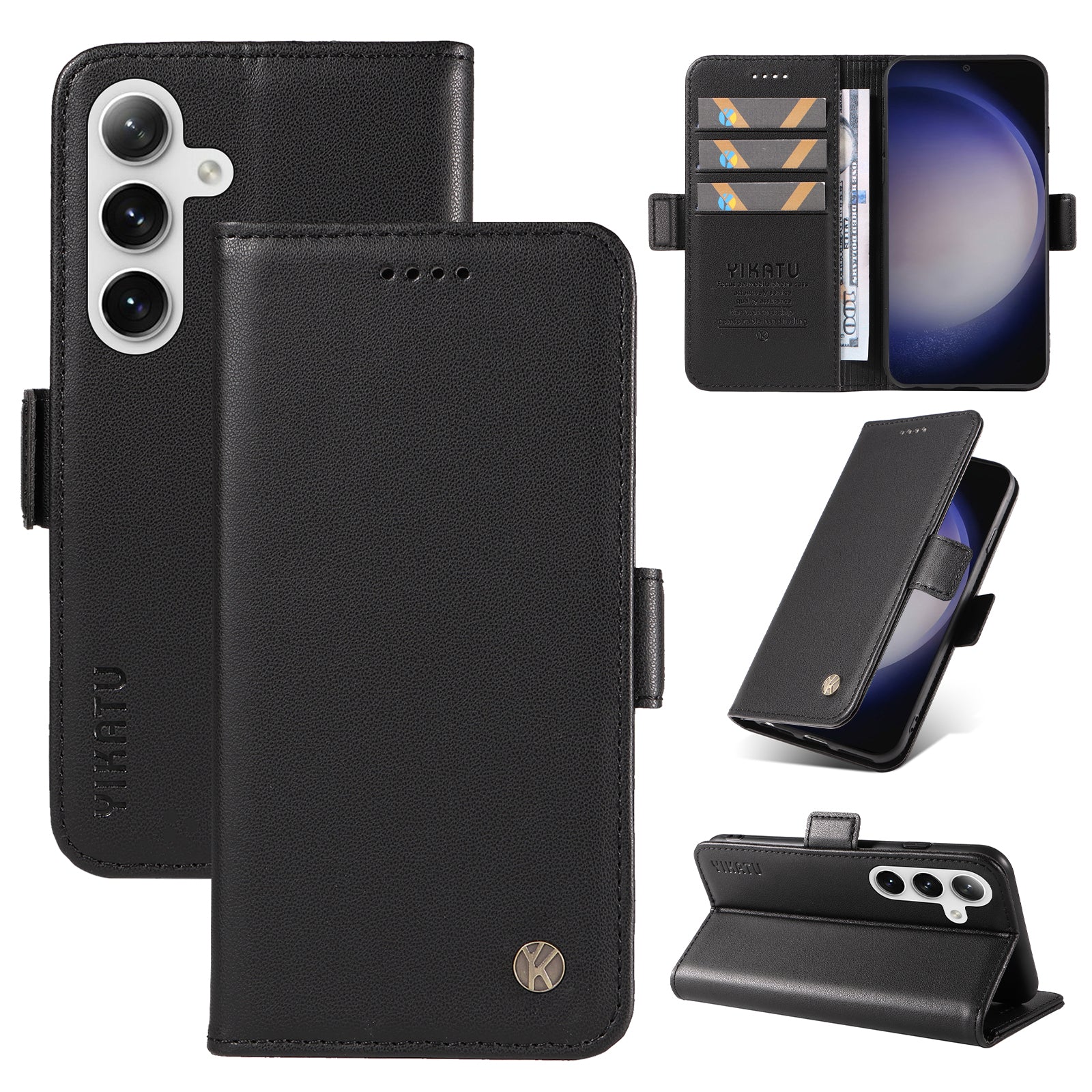 YIKATU YK-003 For Samsung Galaxy S24 Case PU Leather Folio Wallet Phone Cover - Black