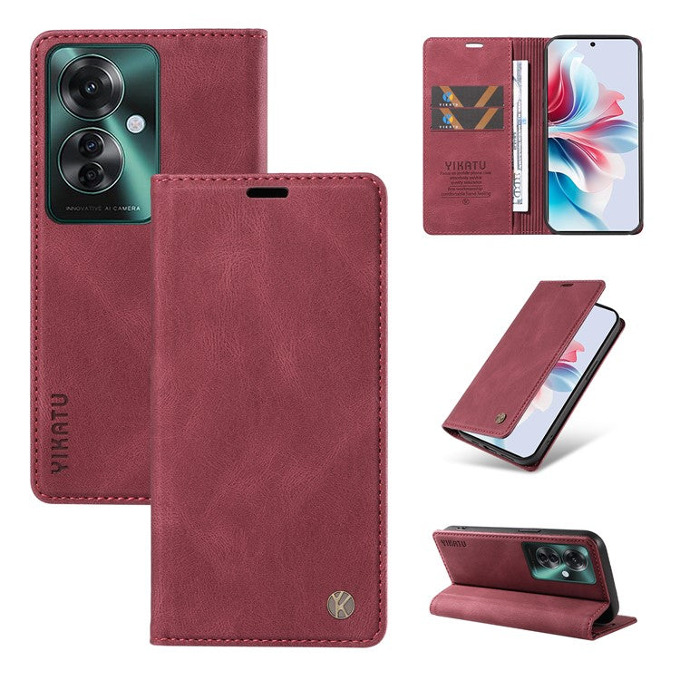YIKATU YK-004 For Oppo Reno11 F 5G / F25 Pro 5G Leather Case Skin-touch Wallet Phone Cover - Wine Red