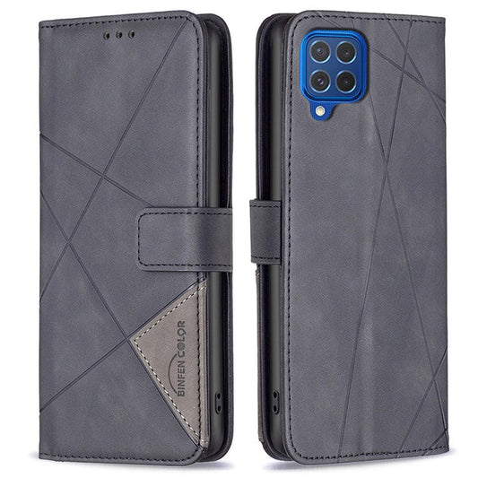 BINFEN COLOR For Samsung Galaxy M62 / F62 Phone Cases Wallet Stand Geometry Imprinted Leather Cover - Black