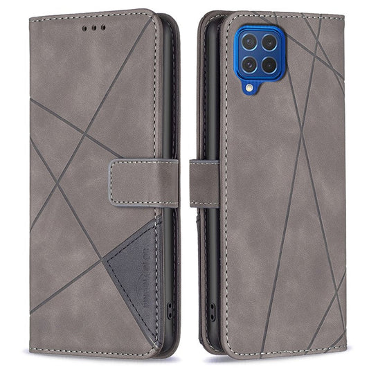 BINFEN COLOR For Samsung Galaxy M62 / F62 Phone Cases Wallet Stand Geometry Imprinted Leather Cover - Grey