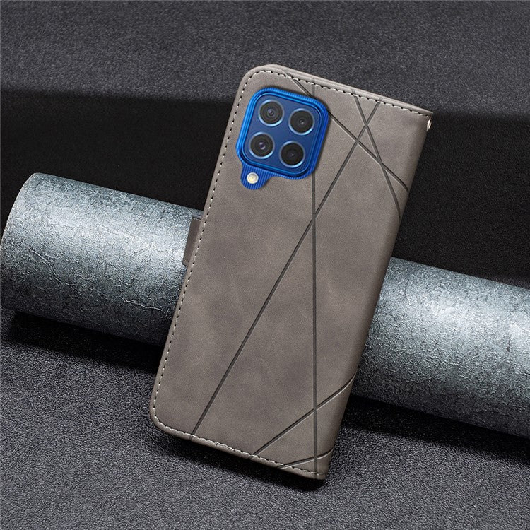 BINFEN COLOR For Samsung Galaxy M62 / F62 Phone Cases Wallet Stand Geometry Imprinted Leather Cover - Grey