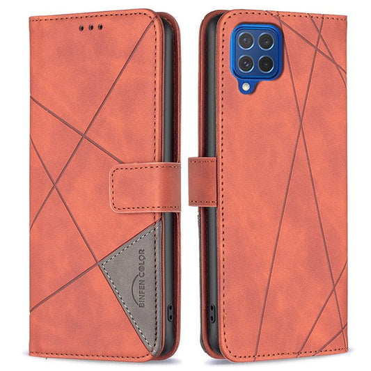 BINFEN COLOR For Samsung Galaxy M62 / F62 Phone Cases Wallet Stand Geometry Imprinted Leather Cover - Brown