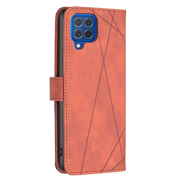 BINFEN COLOR For Samsung Galaxy M62 / F62 Phone Cases Wallet Stand Geometry Imprinted Leather Cover - Brown