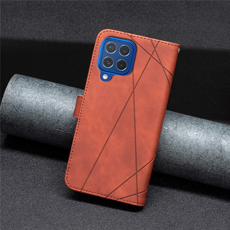 BINFEN COLOR For Samsung Galaxy M62 / F62 Phone Cases Wallet Stand Geometry Imprinted Leather Cover - Brown