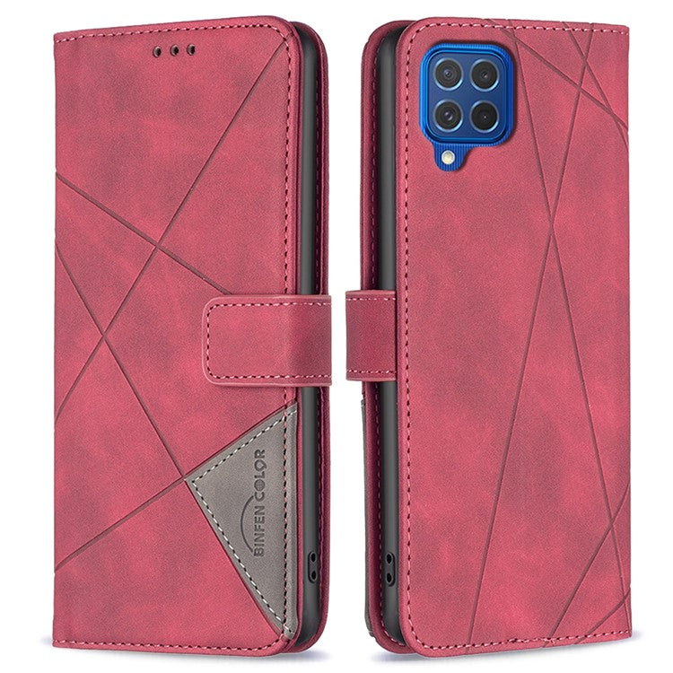 BINFEN COLOR For Samsung Galaxy M62 / F62 Phone Cases Wallet Stand Geometry Imprinted Leather Cover - Red