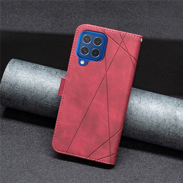 BINFEN COLOR For Samsung Galaxy M62 / F62 Phone Cases Wallet Stand Geometry Imprinted Leather Cover - Red