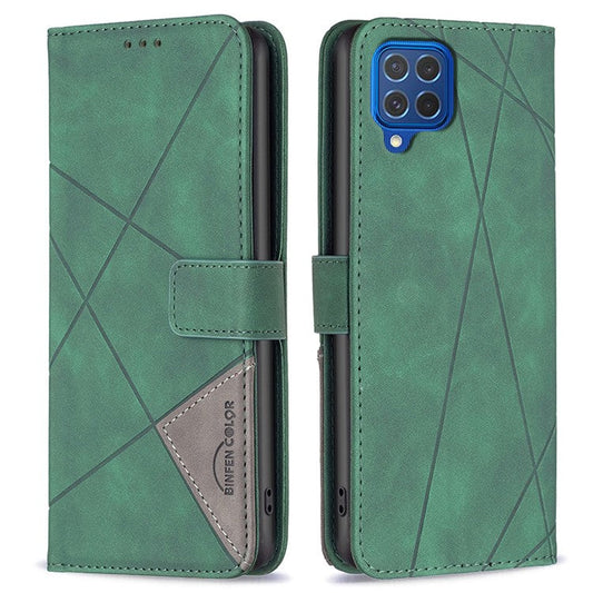 BINFEN COLOR For Samsung Galaxy M62 / F62 Phone Cases Wallet Stand Geometry Imprinted Leather Cover - Green