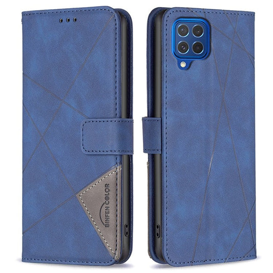BINFEN COLOR For Samsung Galaxy M62 / F62 Phone Cases Wallet Stand Geometry Imprinted Leather Cover - Blue