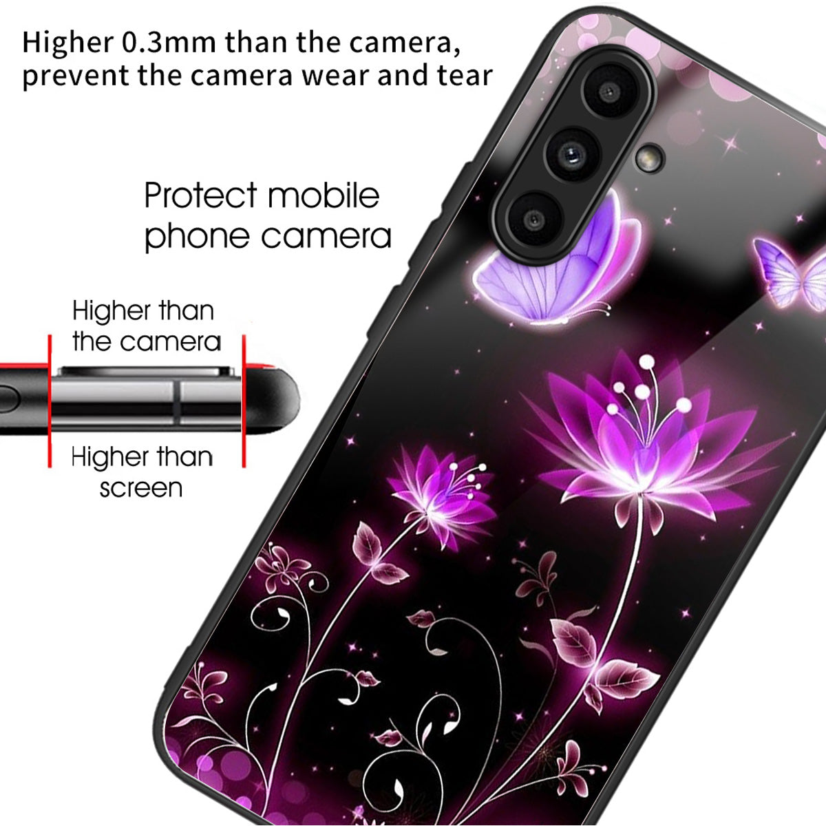 For Samsung Galaxy A14 5G / A14 4G Case Pattern Printed Tempered Glass+TPU Phone Cover - Fluorescent Lotus