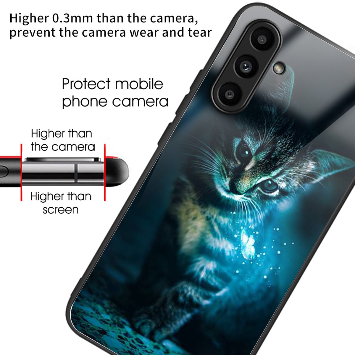For Samsung Galaxy A14 5G / A14 4G Case Pattern Printed Tempered Glass+TPU Phone Cover - Cat