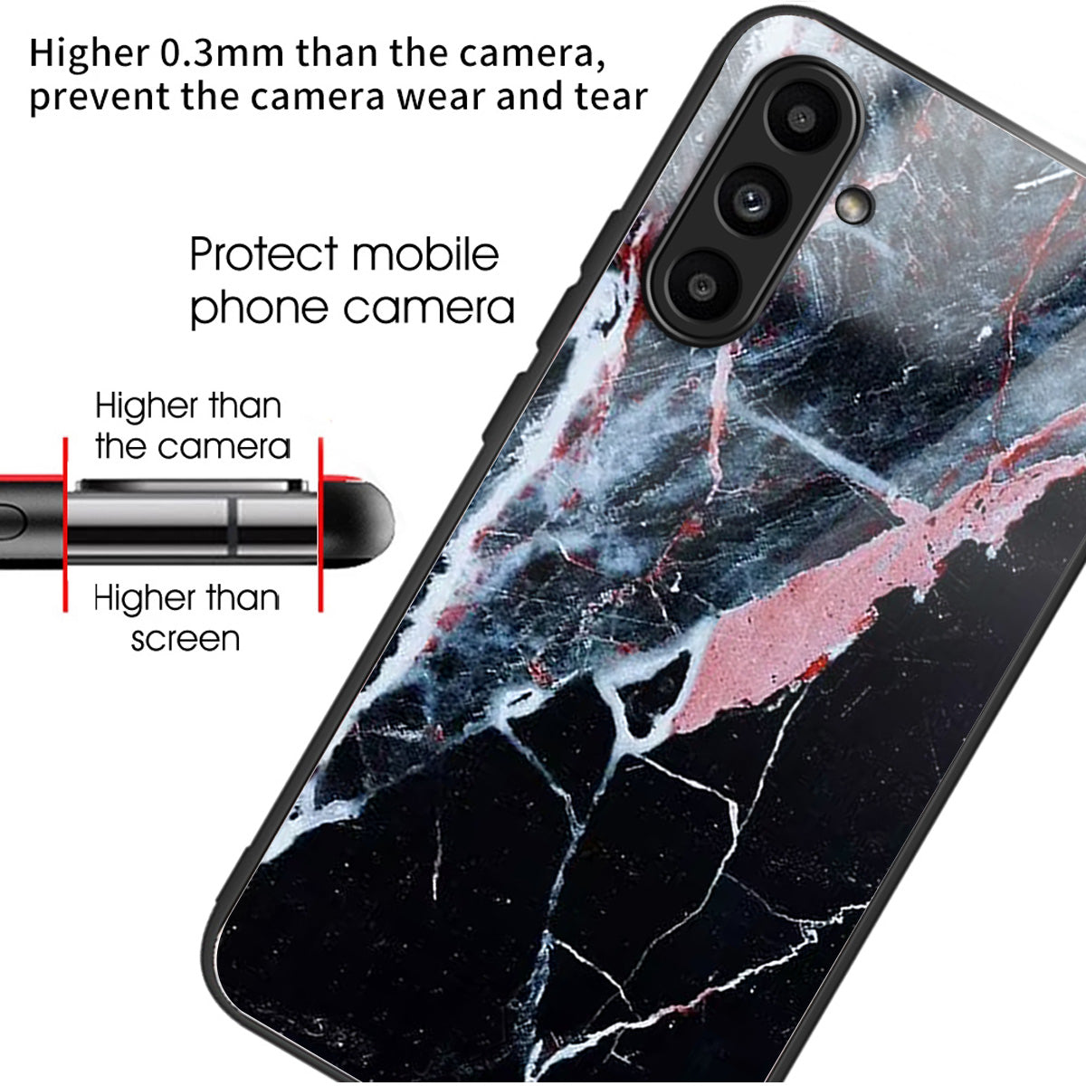 For Samsung Galaxy A14 5G / A14 4G Case Pattern Printed Tempered Glass+TPU Phone Cover - Black Marble