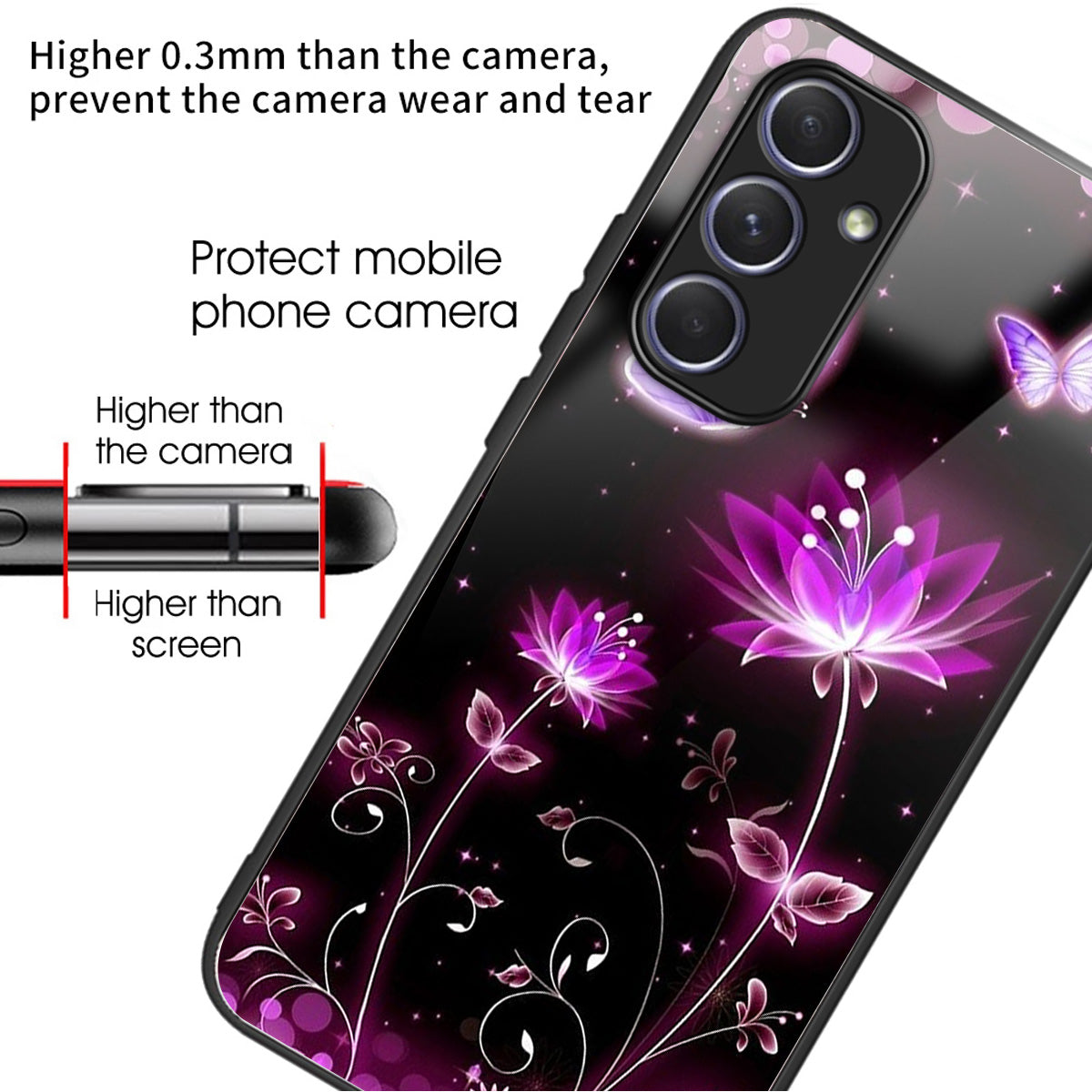 For Samsung Galaxy A54 5G Case Anti-Drop Tempered Glass+TPU Pattern Print Phone Cover - Fluorescent Lotus
