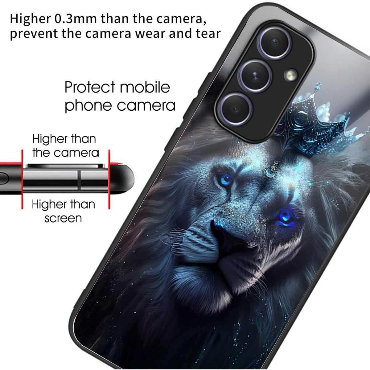 For Samsung Galaxy A54 5G Case Anti-Drop Tempered Glass+TPU Pattern Print Phone Cover - Blue Lion