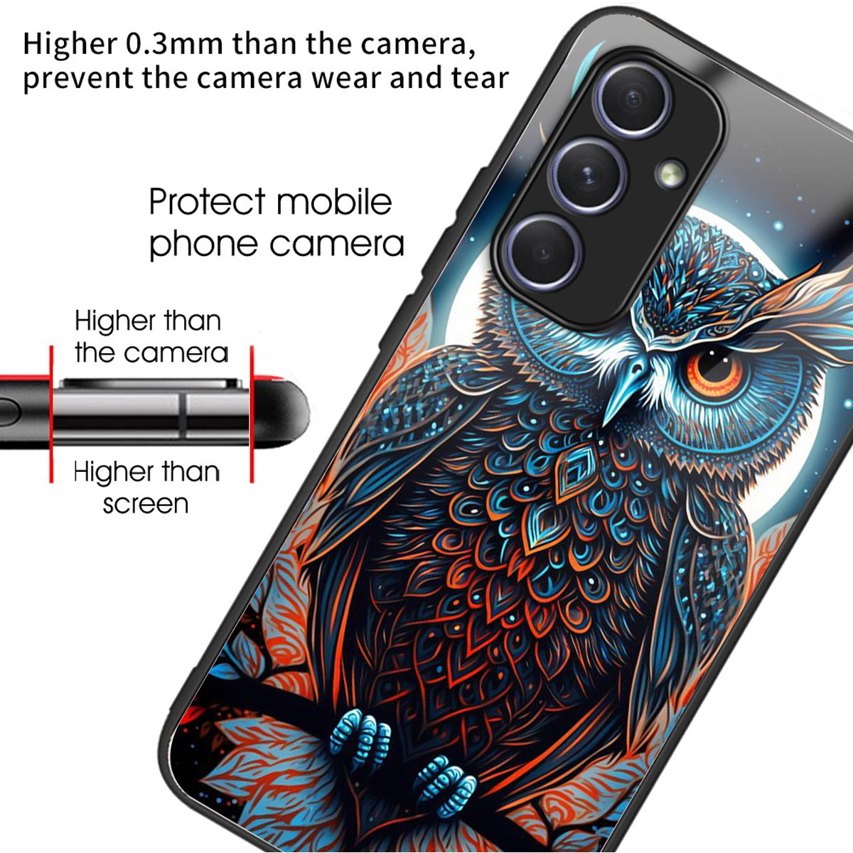 For Samsung Galaxy A54 5G Case Anti-Drop Tempered Glass+TPU Pattern Print Phone Cover - Owl
