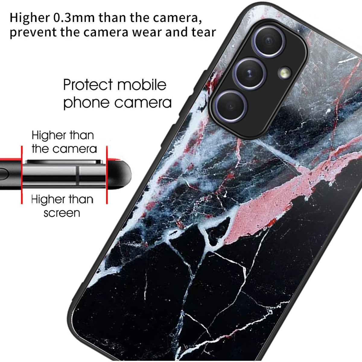 For Samsung Galaxy A54 5G Case Anti-Drop Tempered Glass+TPU Pattern Print Phone Cover - Black Marble