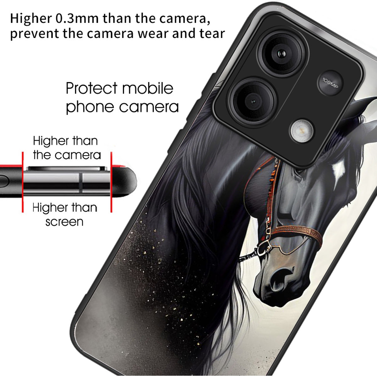 For Xiaomi Redmi Note 13 5G Case Tempered Glass+TPU Phone Cover Pattern Printing - Horse