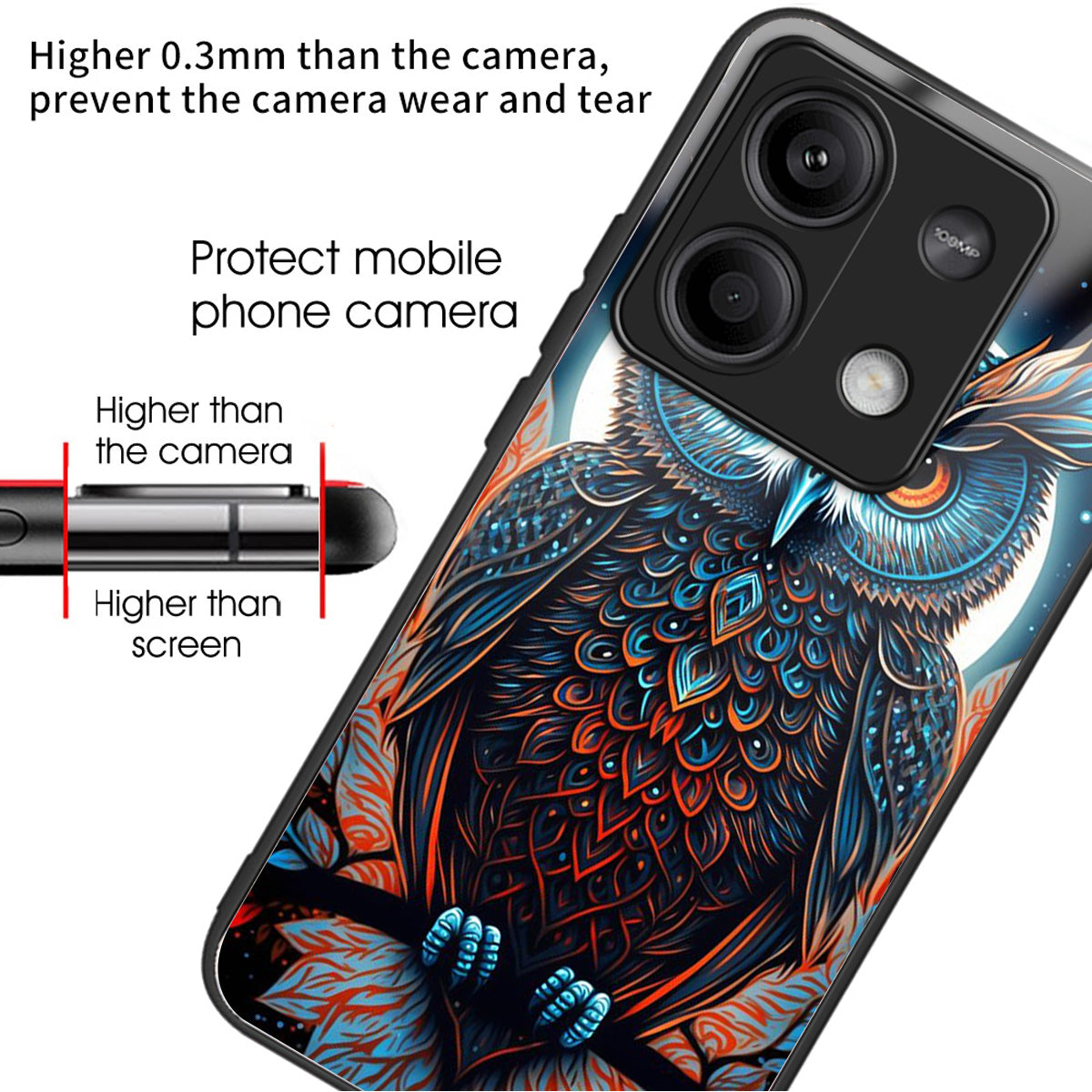 For Xiaomi Redmi Note 13 5G Case Tempered Glass+TPU Phone Cover Pattern Printing - Owl