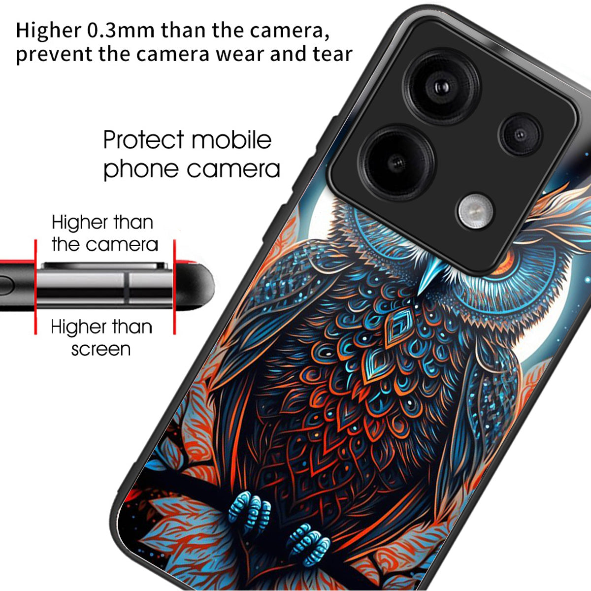For Xiaomi Redmi Note 13 Pro 5G / Poco X6 5G Slim Case Pattern Printing Tempered Glass TPU Phone Cover - Owl